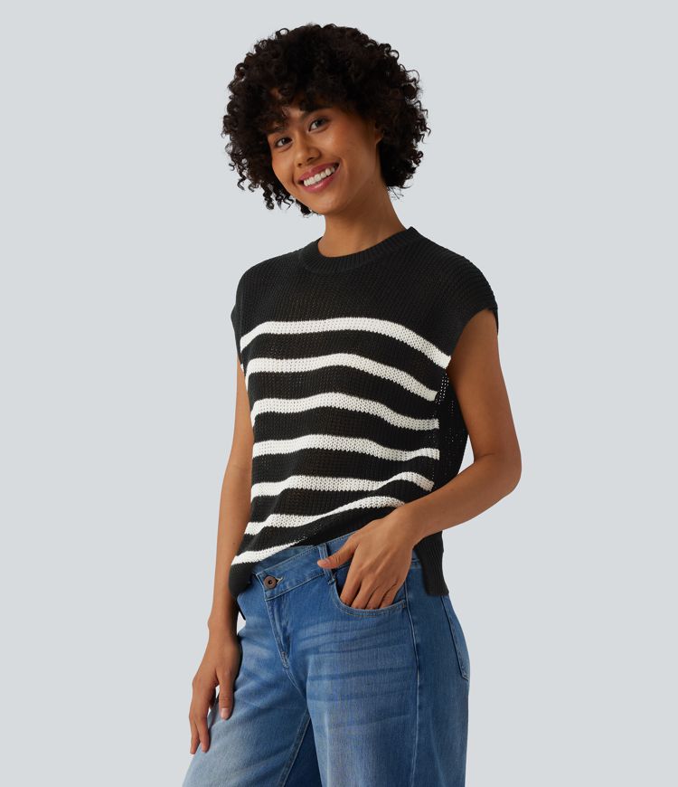 Round Neck Split Color Block Stripes Casual Jumper Vest Round Neck Split Color Block Stripes Casual Jumper Vest
