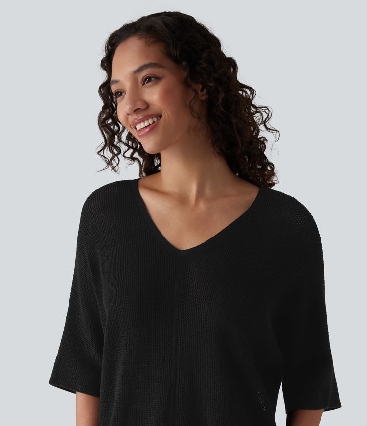 Pull décontracté col V à manches mi-longues