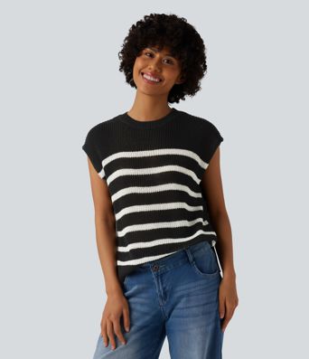 Round Neck Split Color Block Stripes Casual Jumper Vest Round Neck Split Color Block Stripes Casual Jumper Vest