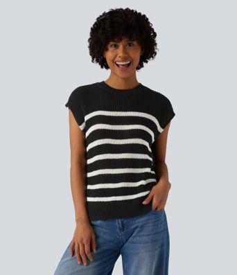 Round Neck Split Color Block Stripes Casual Jumper Vest Round Neck Split Color Block Stripes Casual Jumper Vest