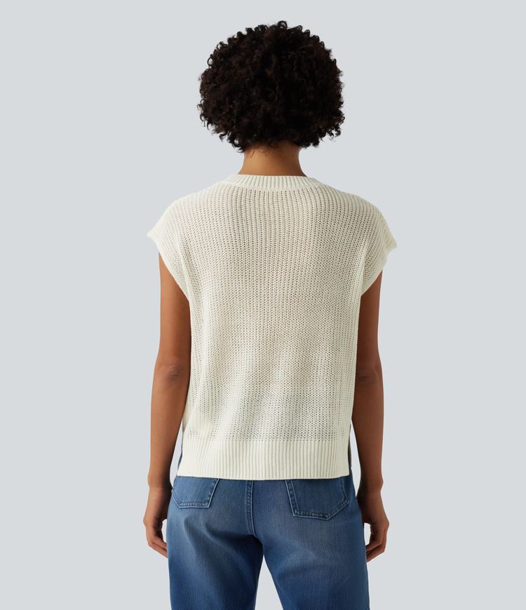 Lässige Strickweste mit Rundhalsausschnitt, Streifen, Farbblock und geschlitztem Saum