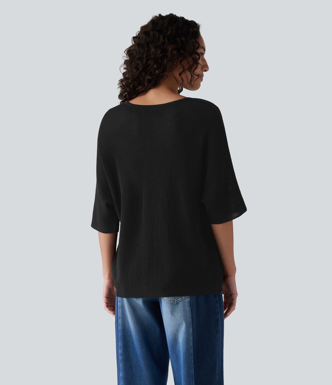 Pull décontracté col V à manches mi-longues