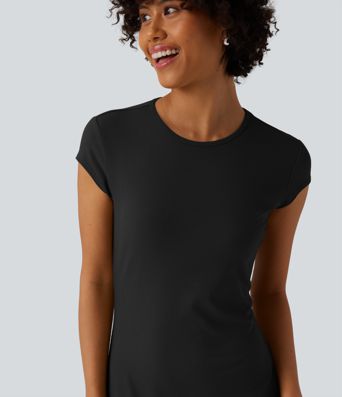 Robe midi moulante en maille imprimée, col rond et manches casquette, style décontracté