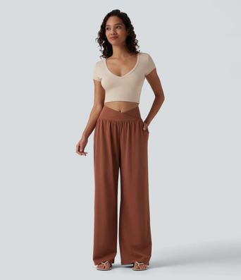 SoftlyZero™ Airy Crossover High Waisted Cool Touch Casual Baggy Pants with Pockets