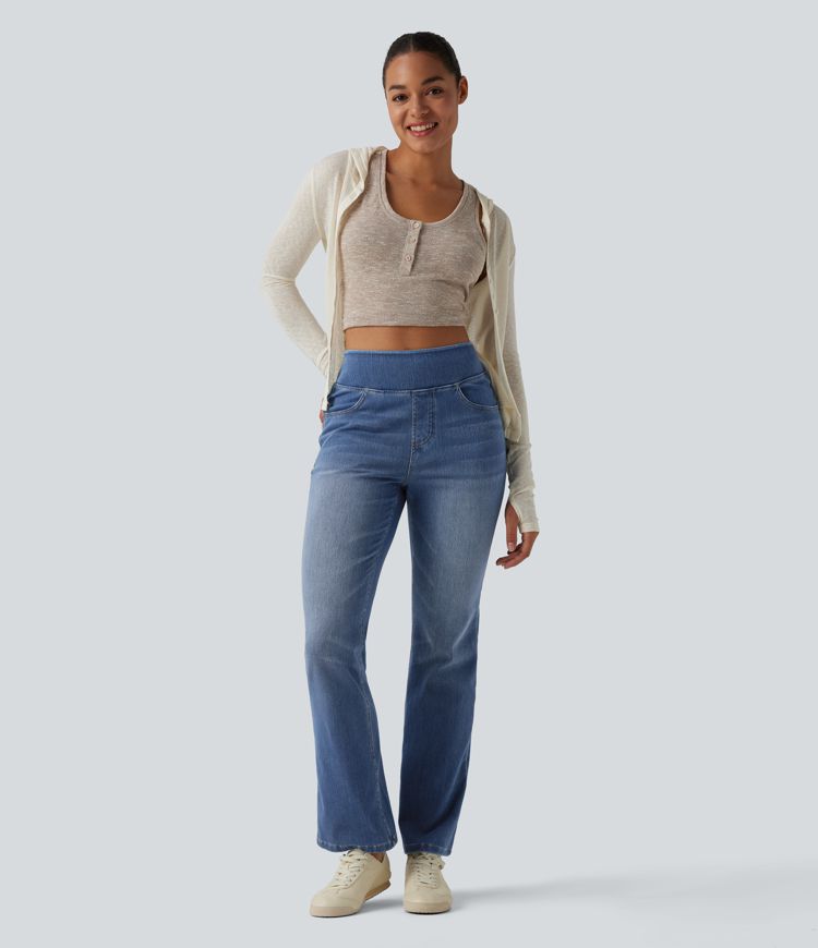 Halara Flex™ Curvy - Lässige, gewaschene Bootcut-Jeans mit hohem Bund und mehreren Taschen