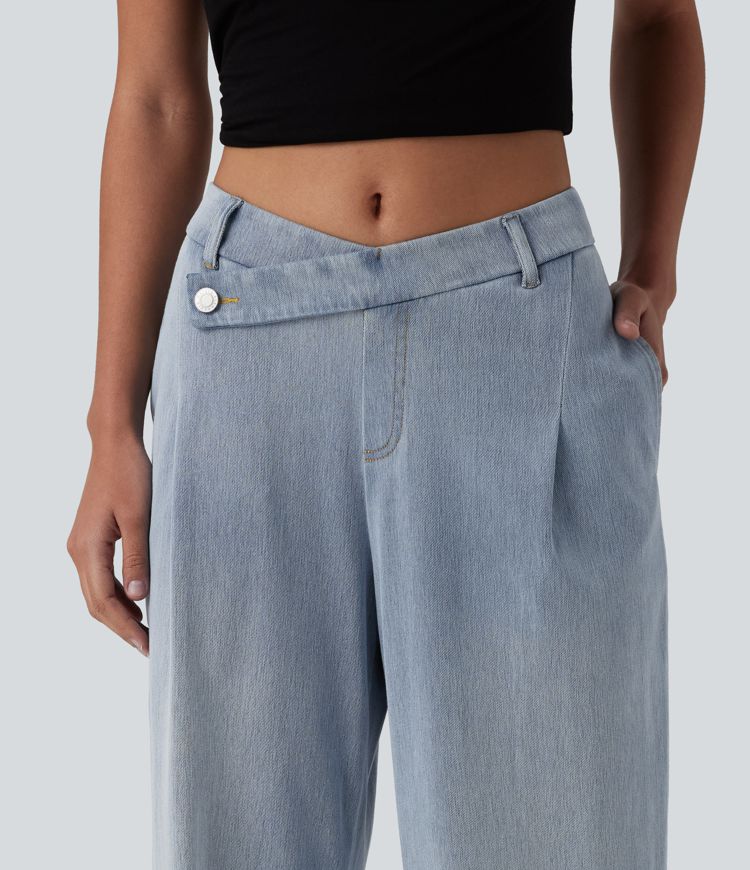 Halara Flex™ vaqueros casuales asimétricos de tiro medio y pernera recta con bolsillos