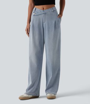 Halara Flex™ vaqueros casuales asimétricos de tiro medio y pernera recta con bolsillos