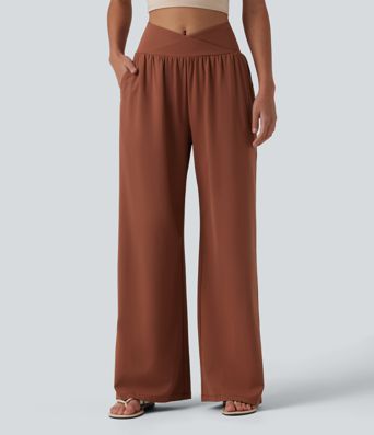 SoftlyZero™ Airy Crossover High Waisted Cool Touch Casual Baggy Pants with Pockets