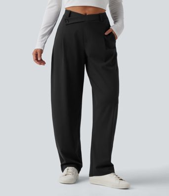 Halara Flex™ DayStretch - Schmal zulaufende Stoffhose mit hohem Bund, Seitentaschen und asymmetrischem Design