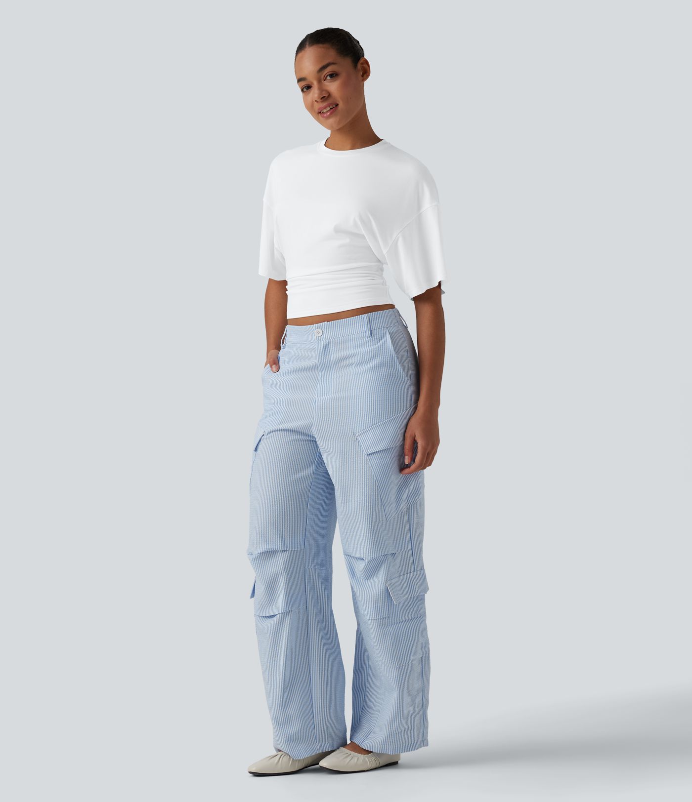 Round Neck Half Sleeve Ruched Casual T-Shirt