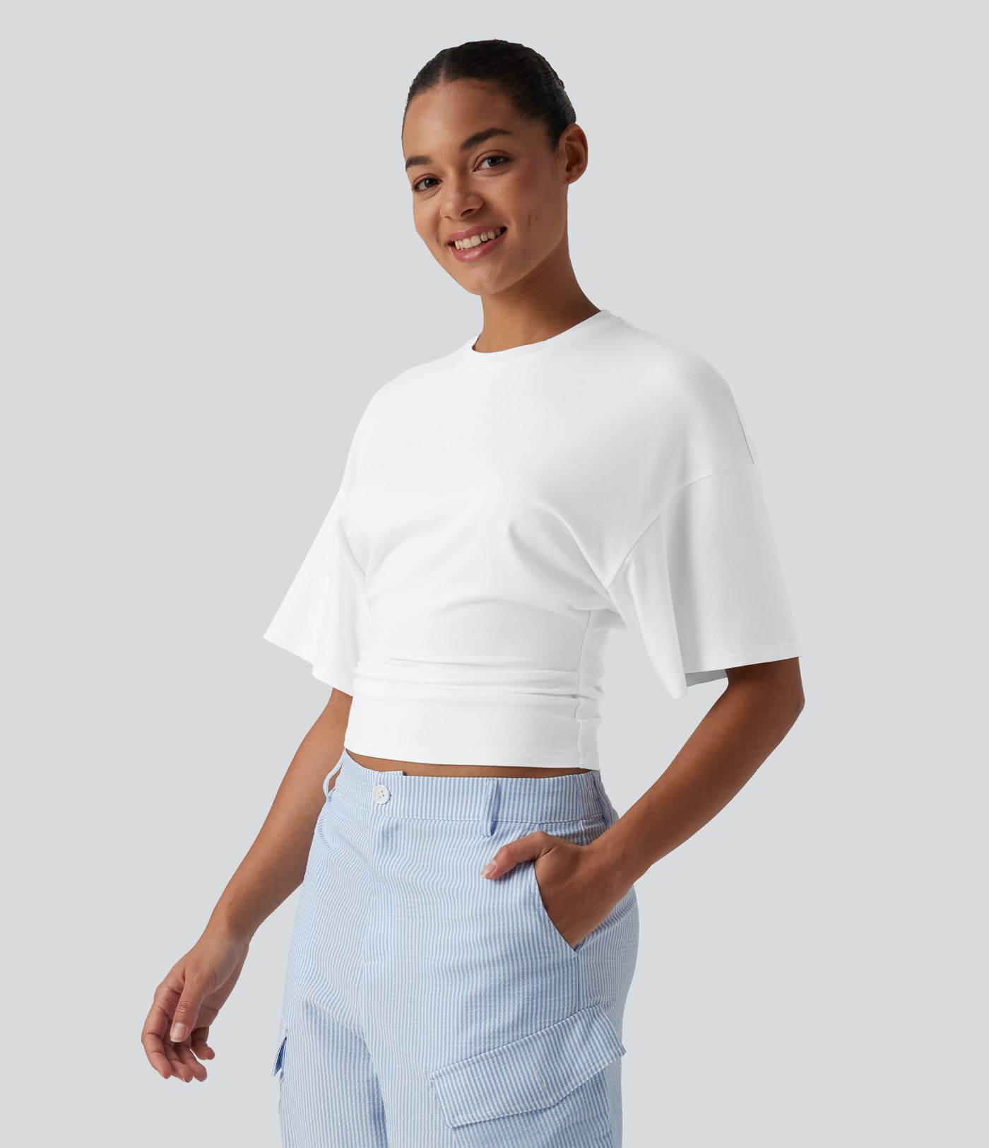 Round Neck Half Sleeve Ruched Casual T-Shirt