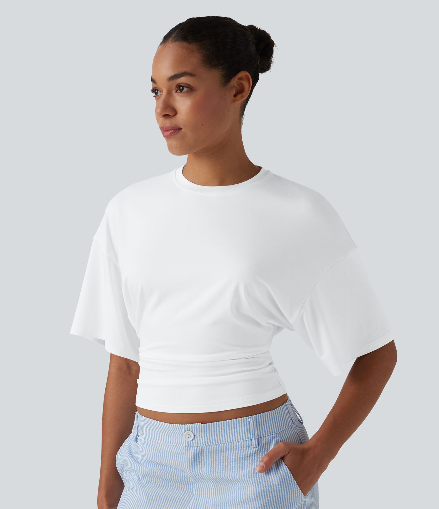 Round Neck Half Sleeve Ruched Casual T-Shirt