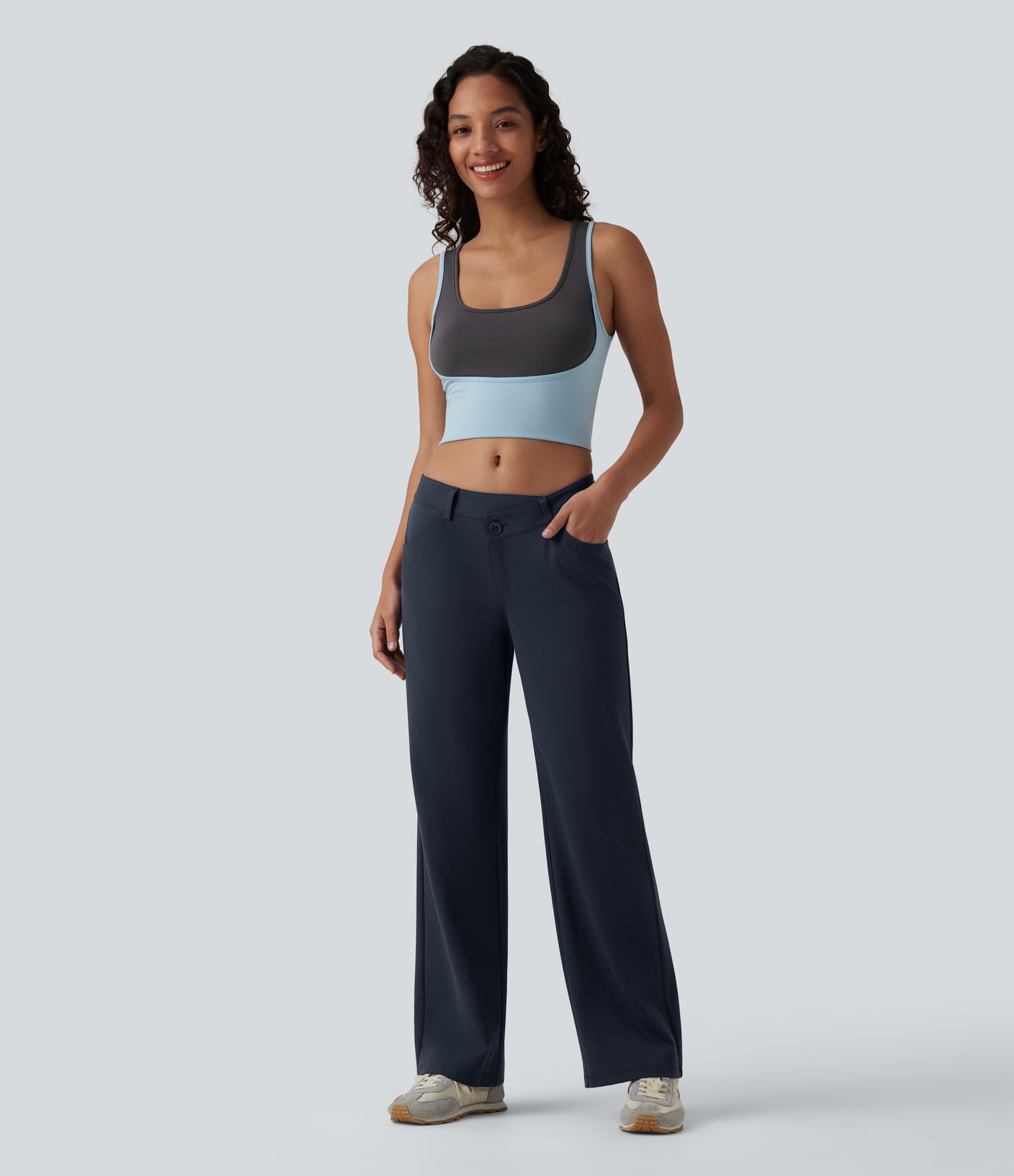 DayStretch - Lässige Hose mit niedrigem Bund, mehreren Taschen, asymmetrischem Design und geradem Bein