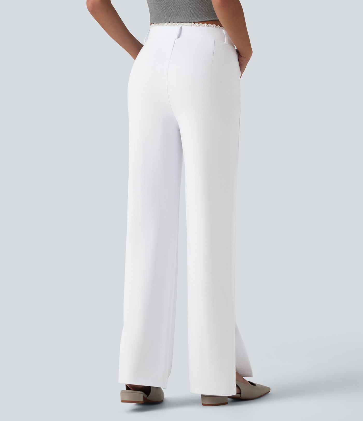 SculptKnit Contrast Lace V-Shaped Mid Rise Split Straight Leg Casual Pants with Pockets