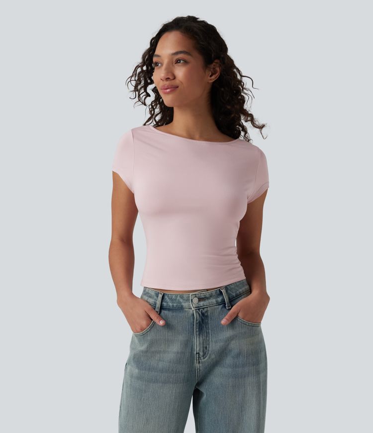 Båtringad kortärmad, avslappnad t-shirt med draperad rygg