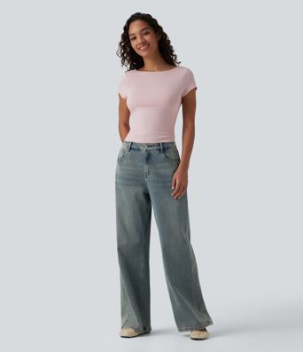 Båtringad kortärmad, avslappnad t-shirt med draperad rygg