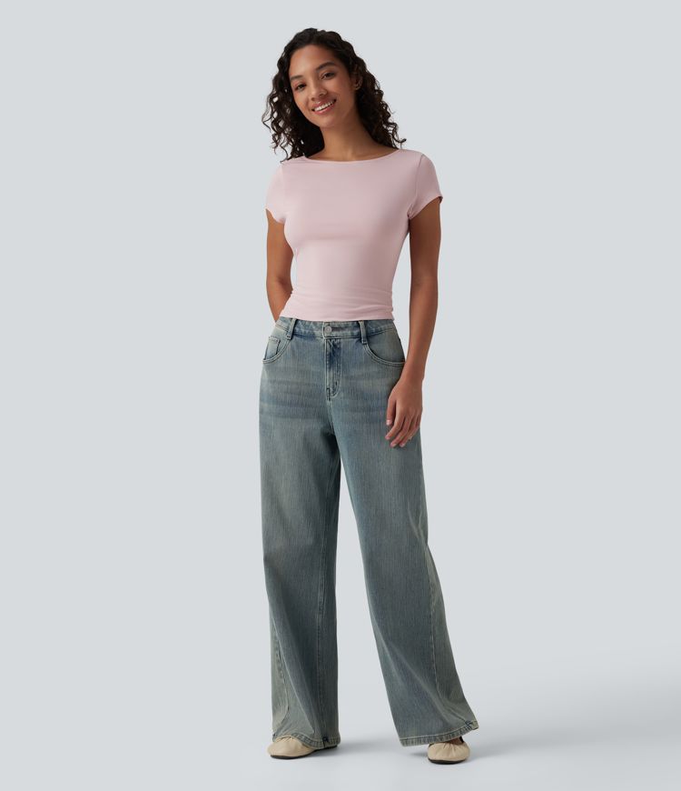 Båtringad kortärmad, avslappnad t-shirt med draperad rygg