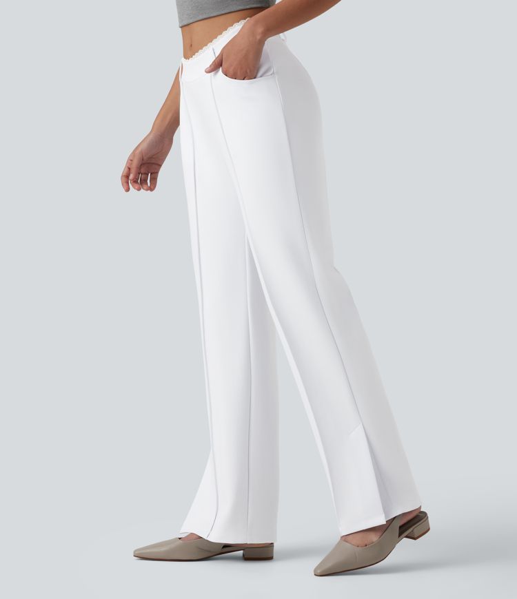 SculptKnit Contrast Lace V-Shaped Mid Rise Split Straight Leg Casual Pants with Pockets