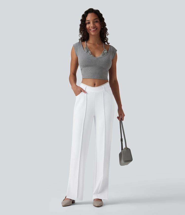 SculptKnit Contrast Lace V-Shaped Mid Rise Split Straight Leg Casual Pants with Pockets