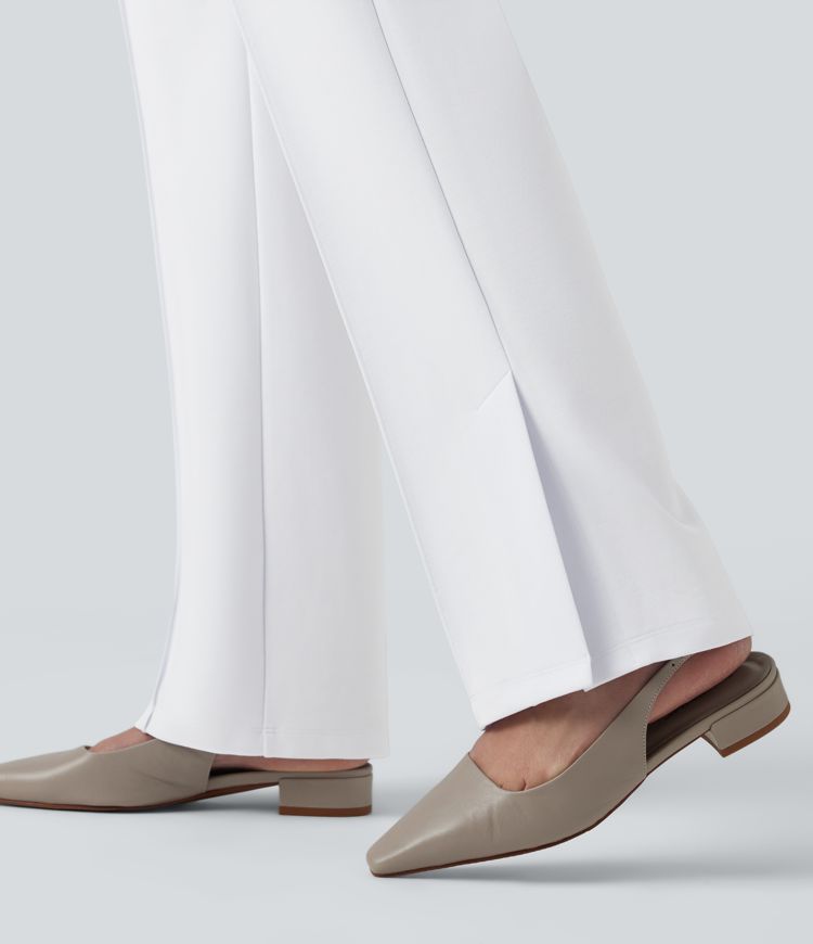 SculptKnit Contrast Lace V-Shaped Mid Rise Split Straight Leg Casual Pants with Pockets