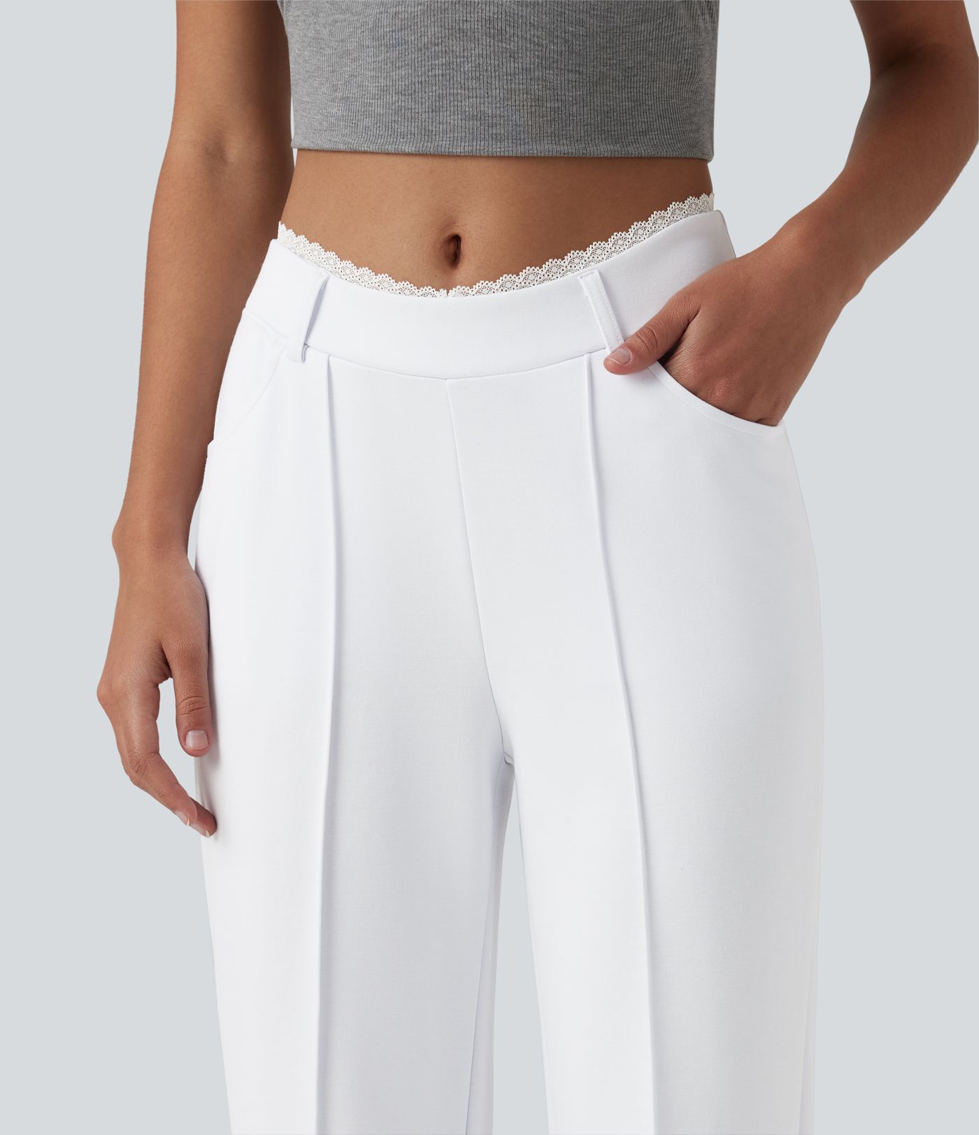 SculptKnit Contrast Lace V-Shaped Mid Rise Split Straight Leg Casual Pants with Pockets