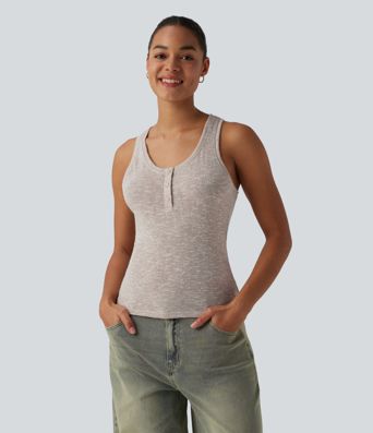 Semi Sheer Heathered Henley Racerback Casual Tank Top