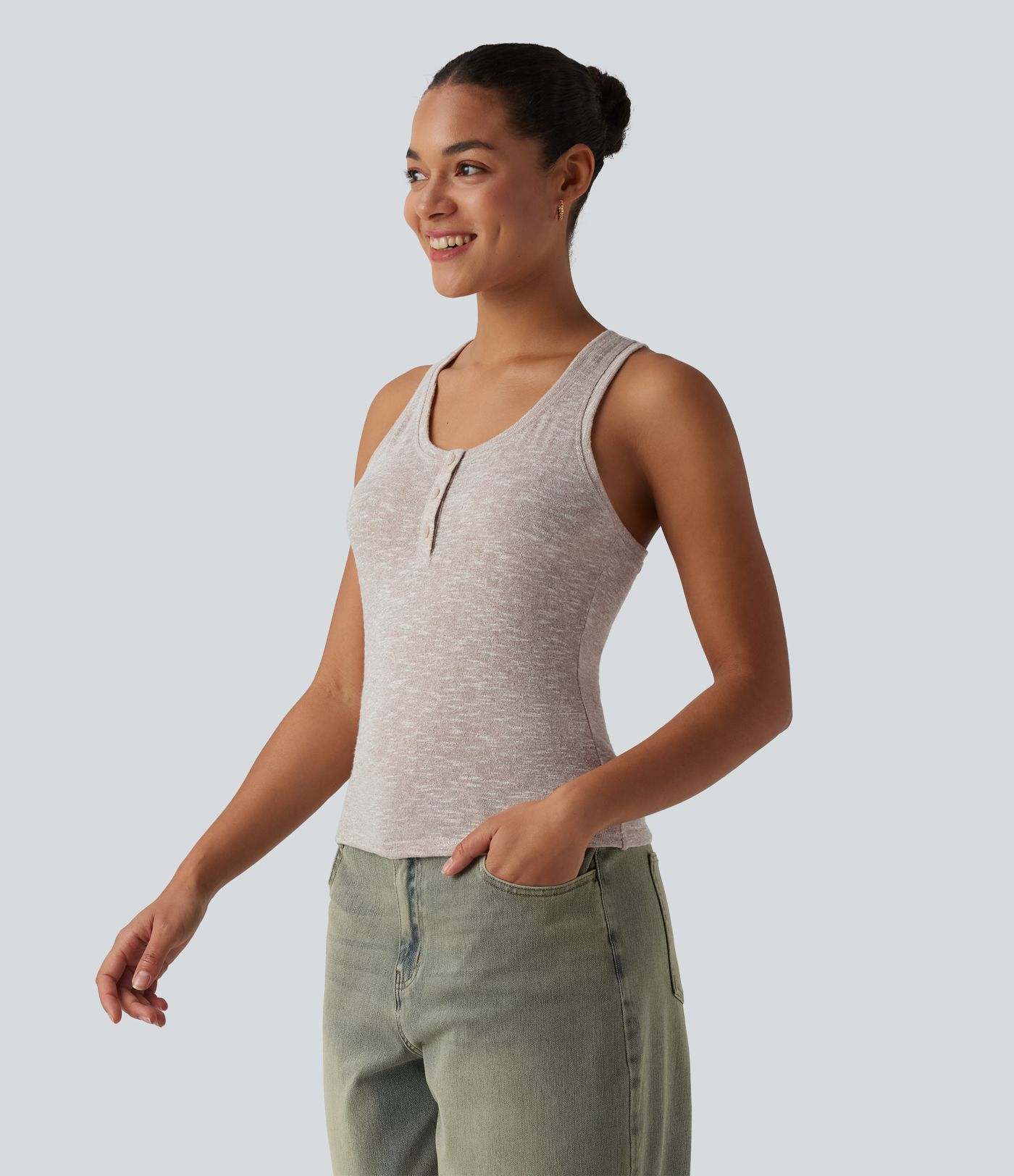 Semi Sheer Heathered Henley Racerback Casual Tank Top