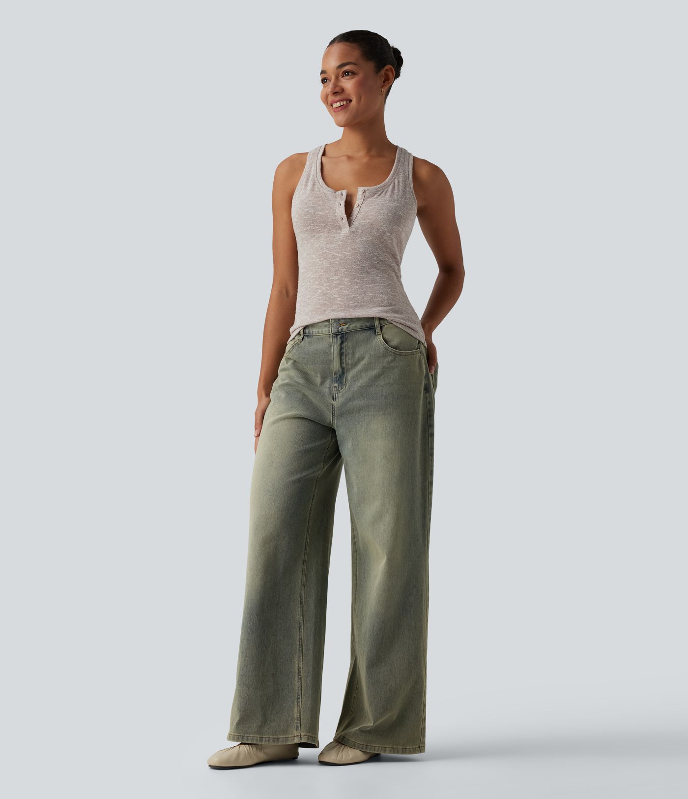 Semi Sheer Heathered Henley Racerback Casual Tank Top