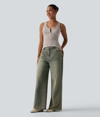 Semi Sheer Heathered Henley Racerback Casual Tank Top