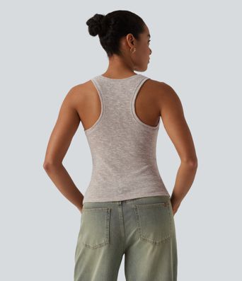 Semi Sheer Heathered Henley Racerback Casual Tank Top