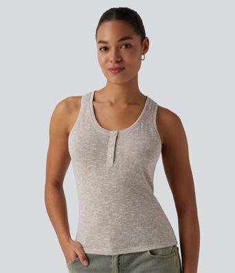 Semi Sheer Heathered Henley Racerback Casual Tank Top