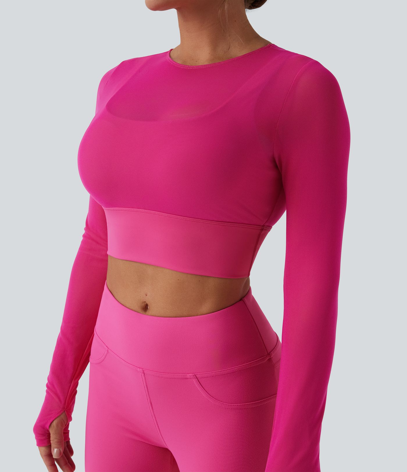 Contrast Mesh Long Sleeve Thumb Hole 2-in-1 Cropped Yoga Sports Top