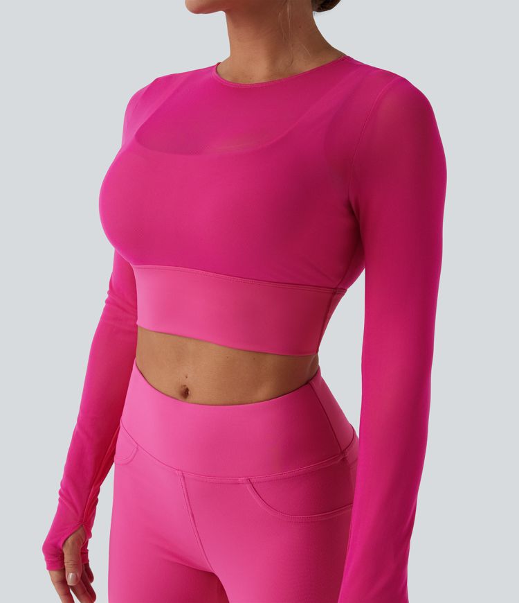 Contrast Mesh Long Sleeve Thumb Hole 2-in-1 Cropped Yoga Sports Top