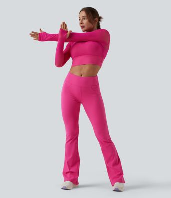 Contrast Mesh Long Sleeve Thumb Hole 2-in-1 Cropped Yoga Sports Top