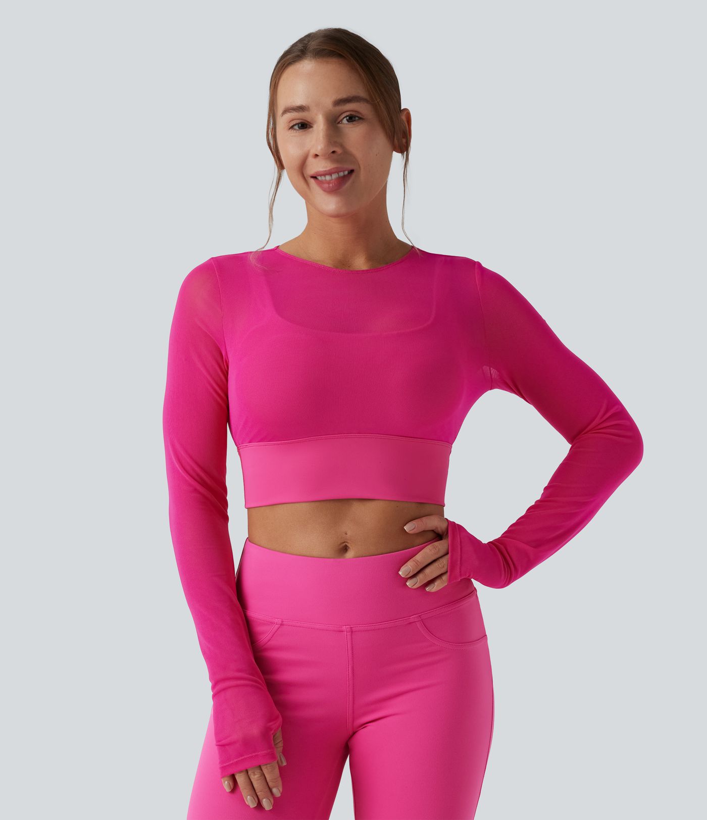 Contrast Mesh Long Sleeve Thumb Hole 2-in-1 Cropped Yoga Sports Top