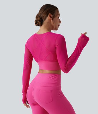 Contrast Mesh Long Sleeve Thumb Hole 2-in-1 Cropped Yoga Sports Top