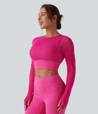 Contrast Mesh Long Sleeve Thumb Hole 2-in-1 Cropped Yoga Sports Top