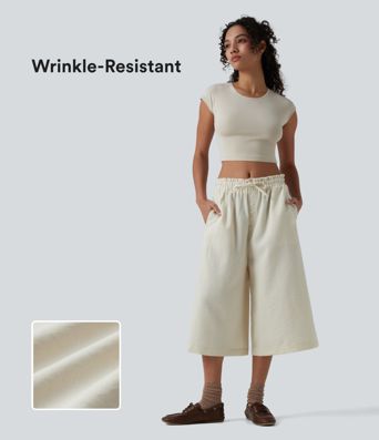 Wrinkle-Resistant Mid Rise Drawstring Frill Trim Linen-Feel Casual Capri Baggy Pants with Pockets