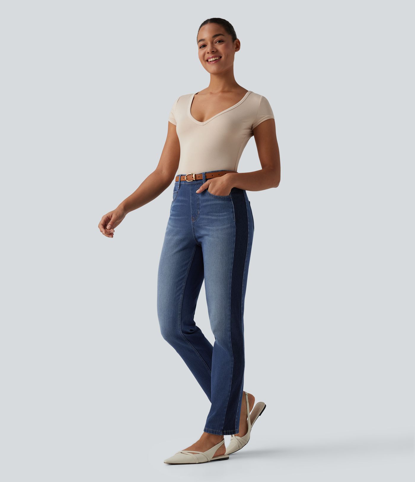 Halara Flex™ High Waisted Slim Color Block Casual Jeans with Pockets
