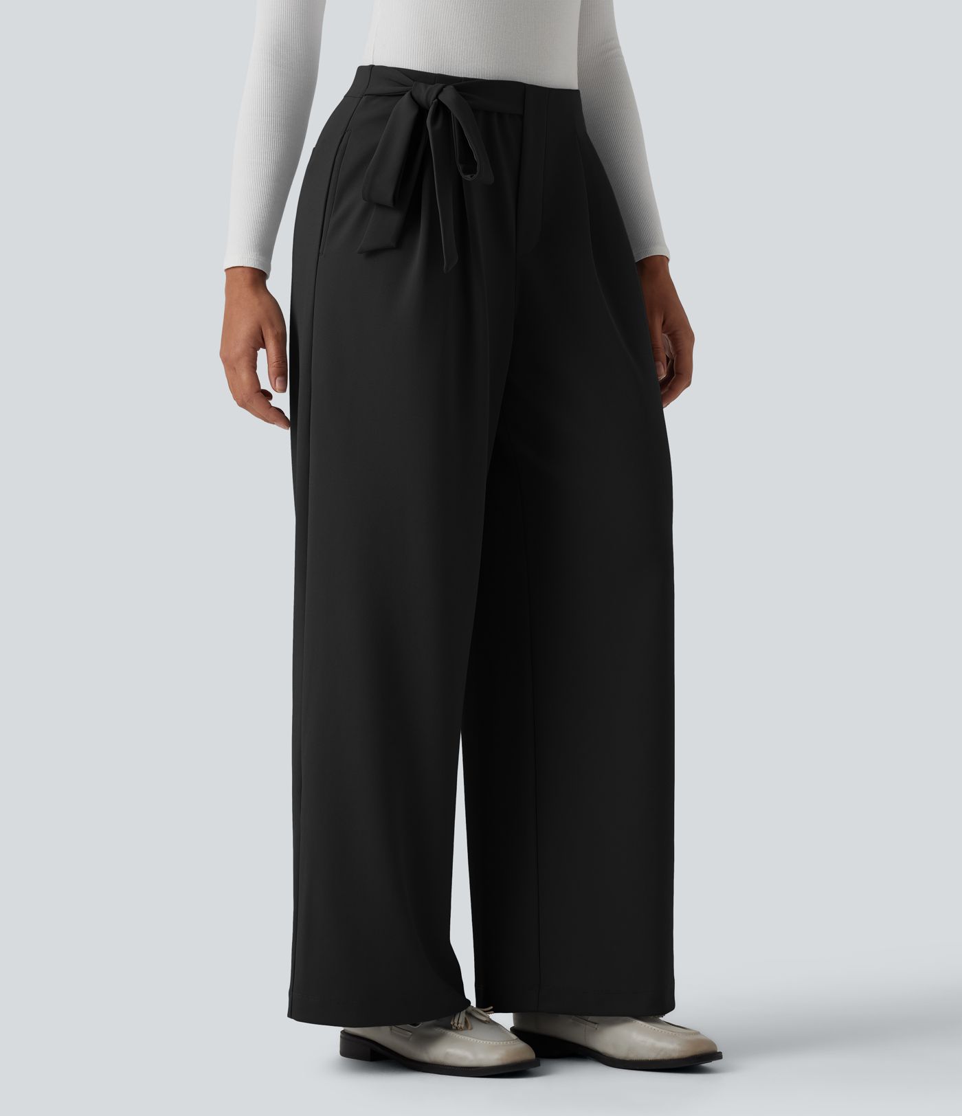 Pantalon tailleur Halara Flex™ taille haute coupe droite en crêpe avec nœuds latéraux et poches