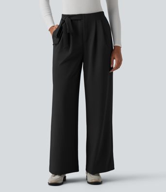 Pantalon tailleur Halara Flex™ taille haute coupe droite en crêpe avec nœuds latéraux et poches