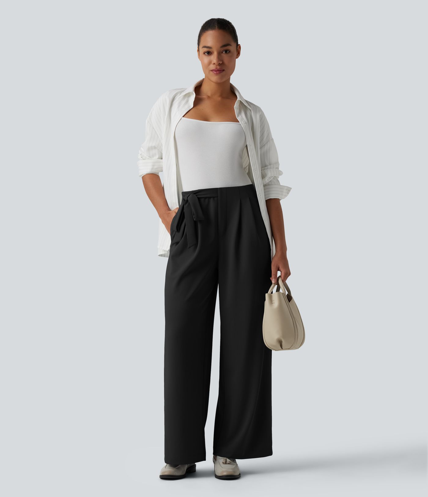 Pantalon tailleur Halara Flex™ taille haute coupe droite en crêpe avec nœuds latéraux et poches