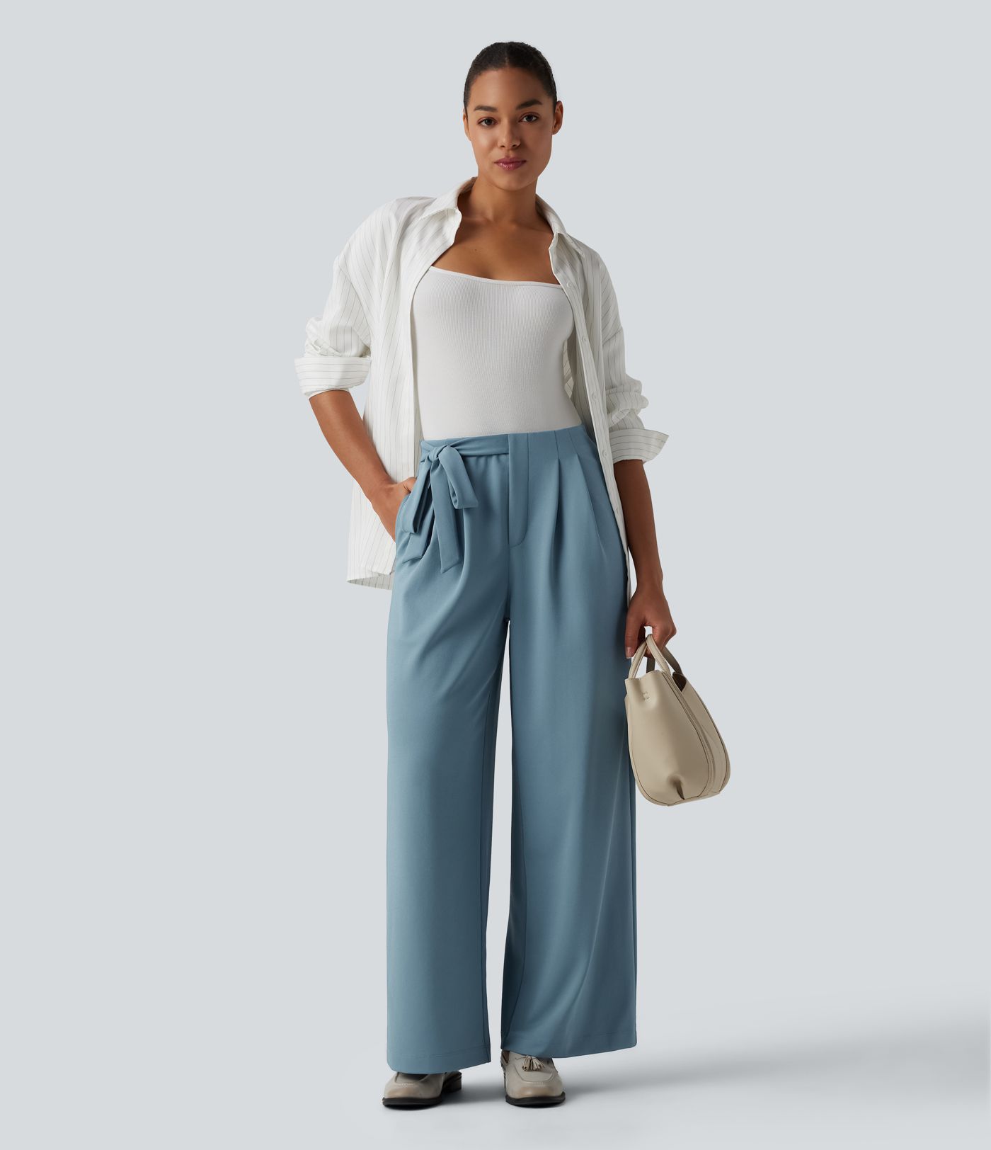 Halara Flex™ High Waisted Tie Side Straight Leg Crepe Work Trousers with Pockets