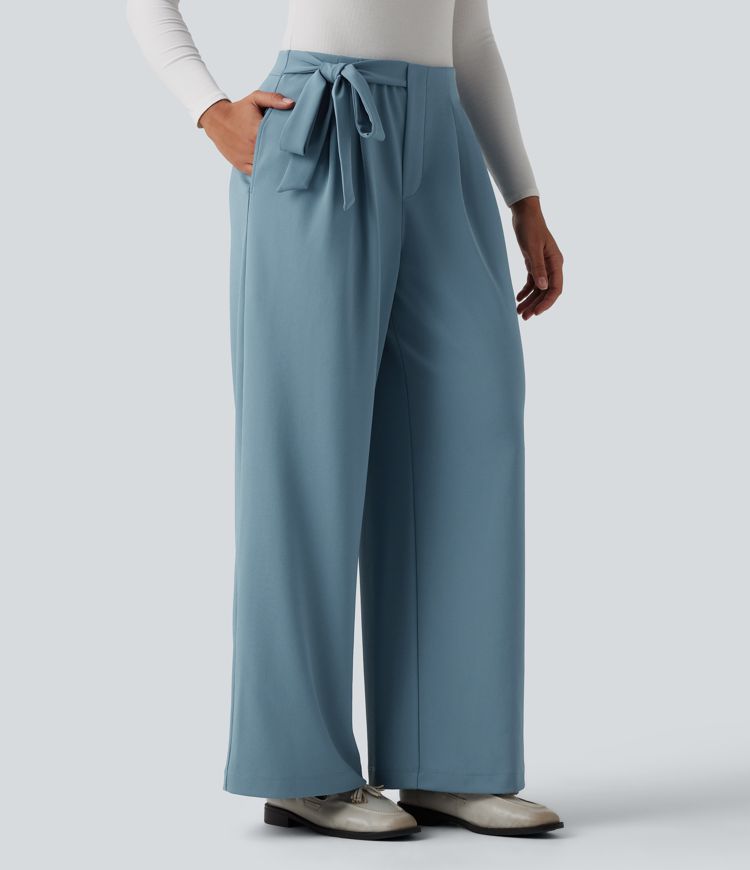 Halara Flex™ High Waisted Tie Side Straight Leg Crepe Work Trousers with Pockets