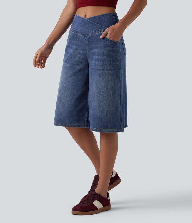Halara Flex™ bermuda denim de tiro alto con diseño cruzado, control de abdomen, corte holgado y bolsillos Halara Flex™ bermuda denim de tiro alto con diseño cruzado, control de abdomen, corte holgado y bolsillos