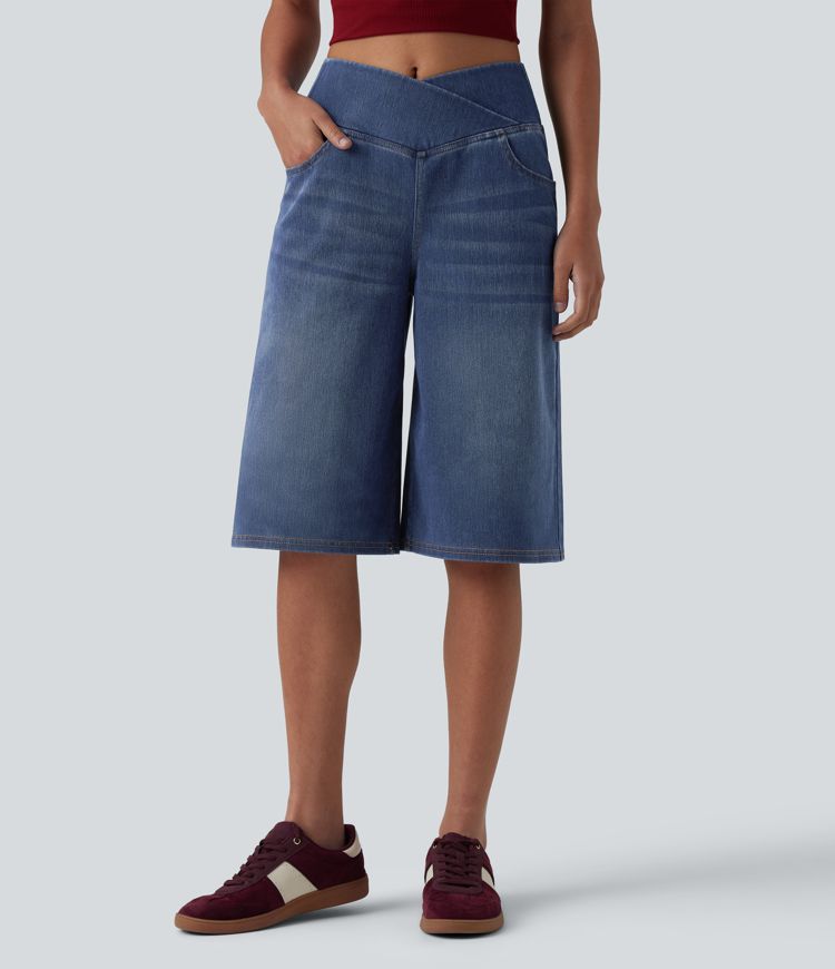 Halara Flex™ - Lässige Baggy-Denim-Shorts mit hohem Crossover-Bund und mehreren Taschen