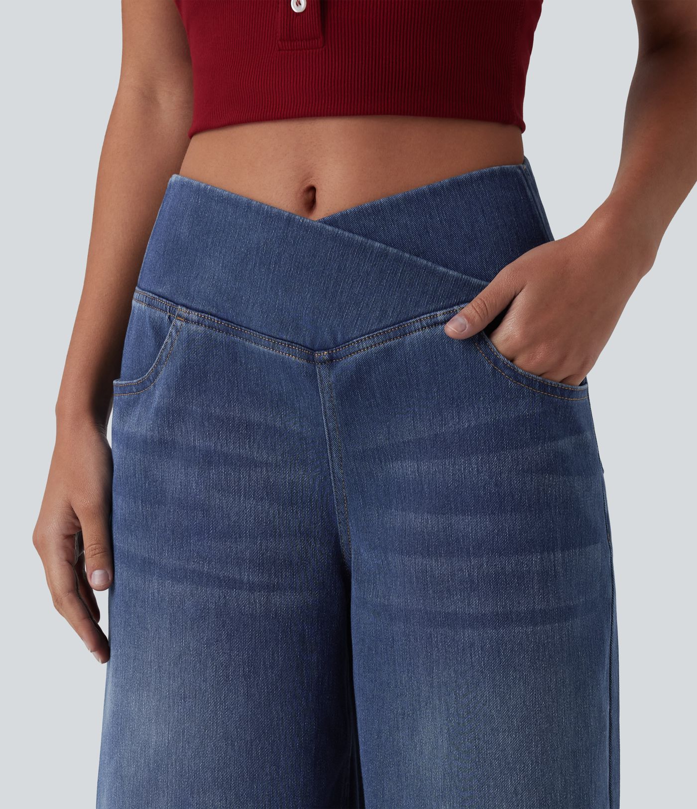 Halara Flex™ - Lässige Baggy-Denim-Shorts mit hohem Crossover-Bund und mehreren Taschen