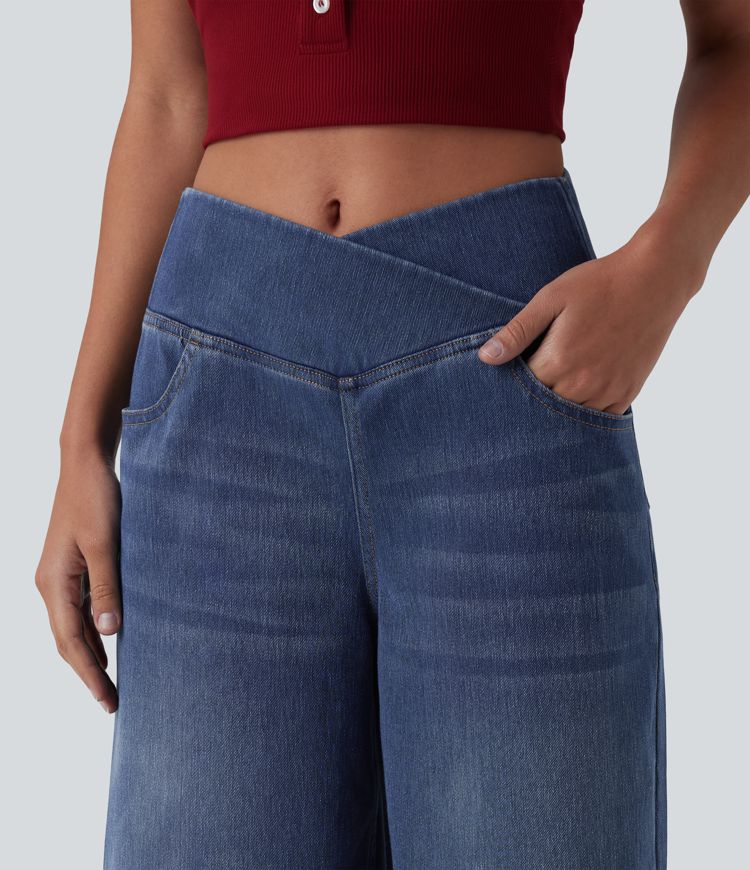 Halara Flex™ - Lässige Baggy-Denim-Shorts mit hohem Crossover-Bund und mehreren Taschen