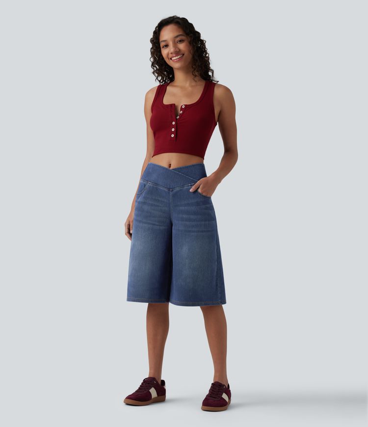 Halara Flex™ - Lässige Baggy-Denim-Shorts mit hohem Crossover-Bund und mehreren Taschen