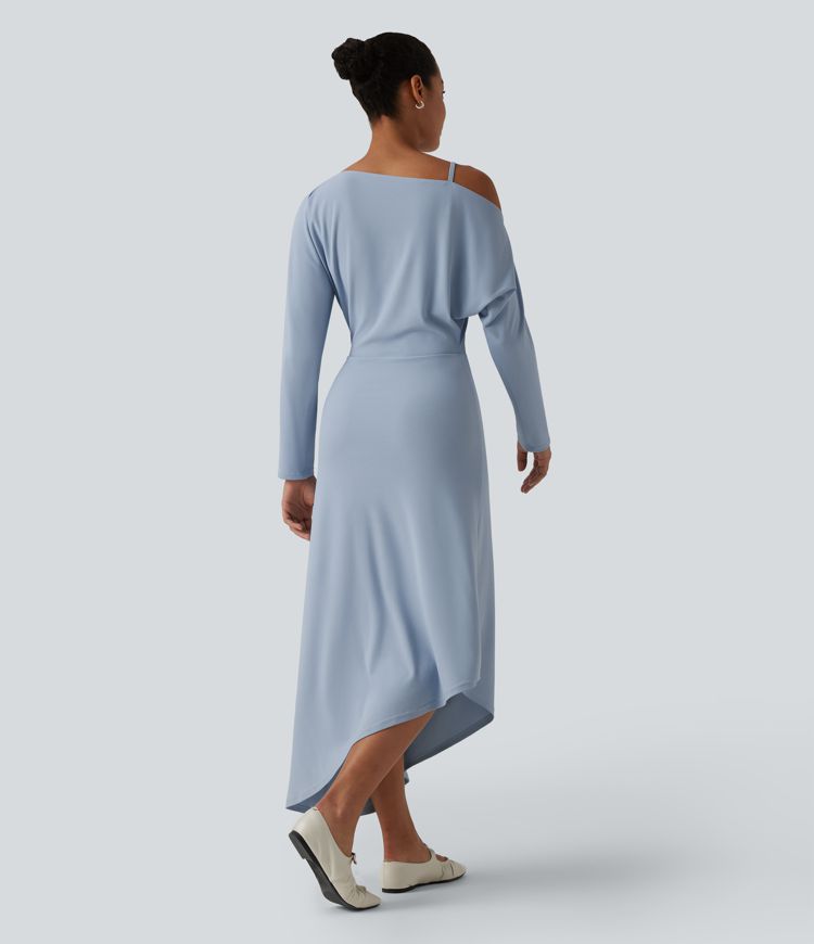 One Shoulder Long Sleeve Asymmetric Hem Maxi Casual Dress